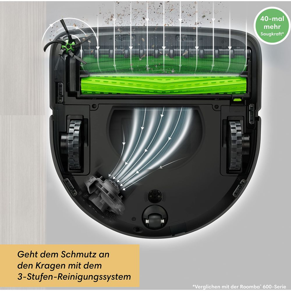 Odkurzacz automatyczny z 3-stopniowym systemem czyszczenia, pokazujący moc ssania.