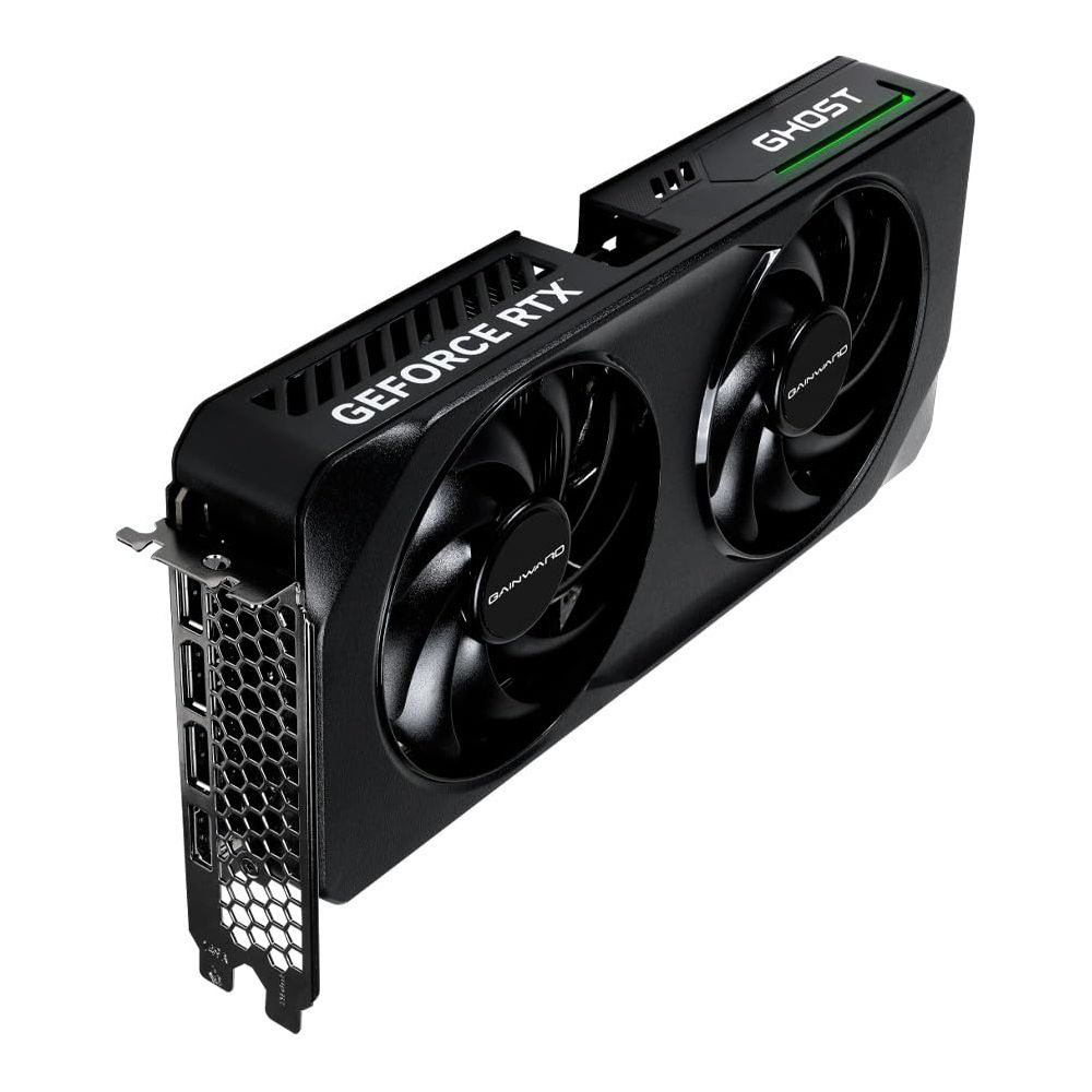 Schwarze Grafikkarte mit zwei Lüftern, GeForce RTX und GHOST Schriftzug.