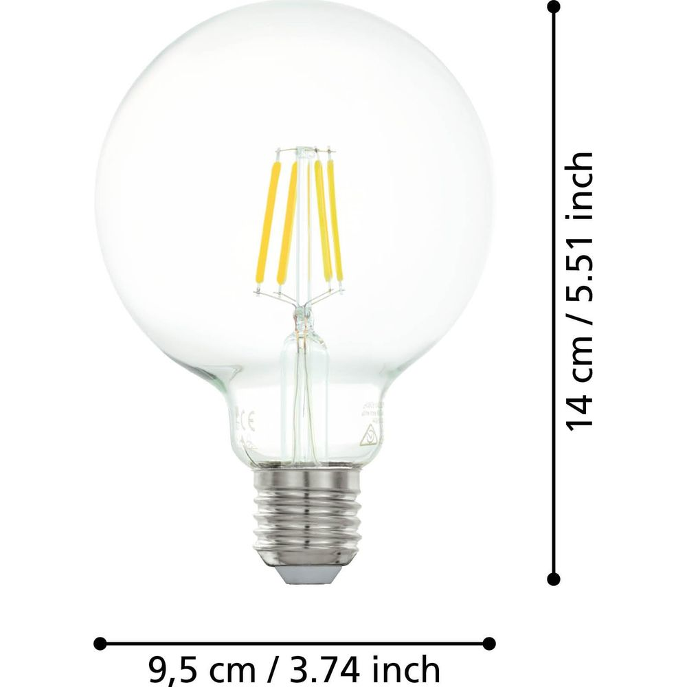 Une ampoule transparente avec une base argentée et des filaments visibles.