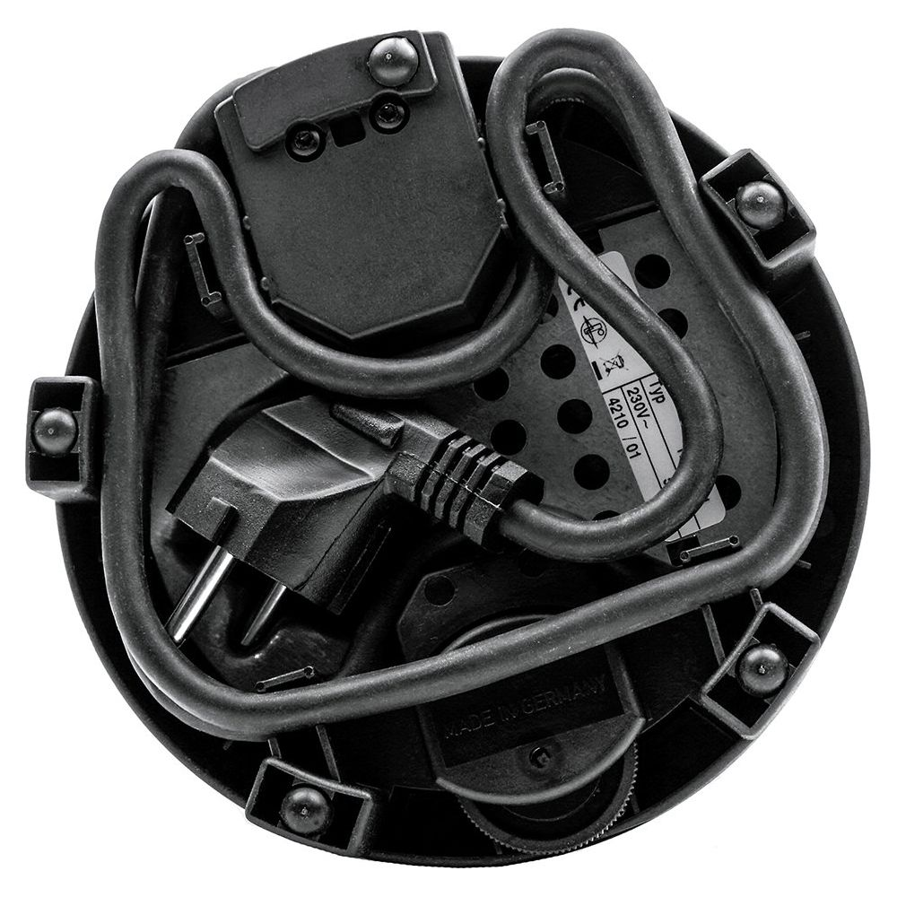 Cavo di alimentazione nero con spina ed etichetta 'Made in Germany'.