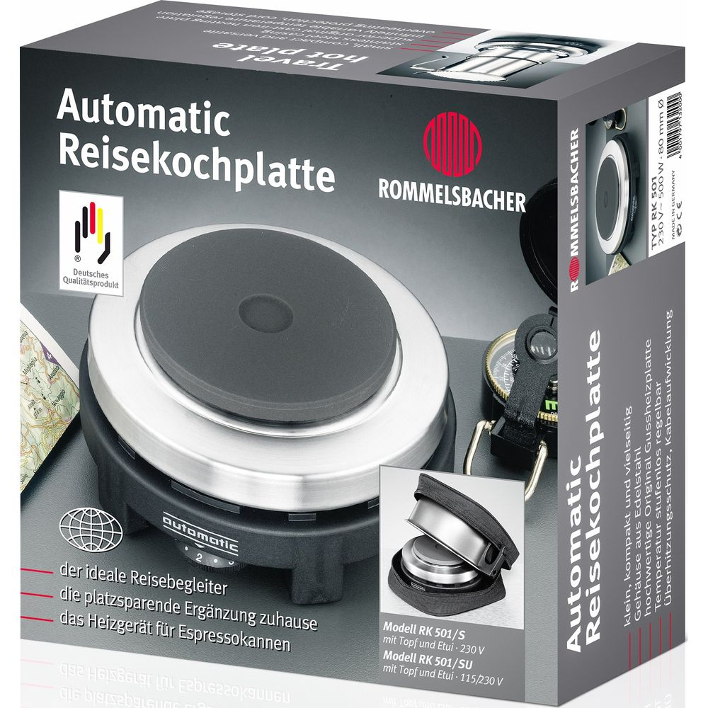 Confezione di un piano cottura da viaggio automatico Rommelsbacher.