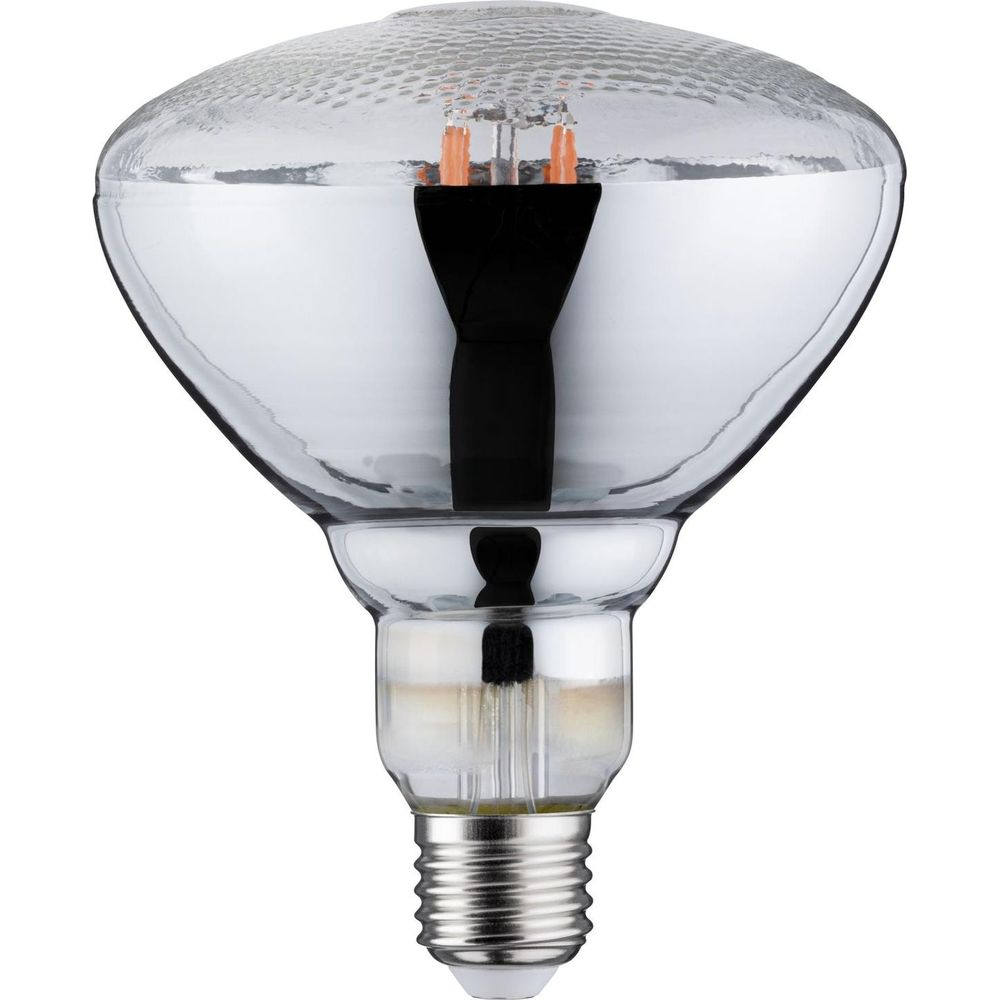 Błyszcząca, lustrzana żarówka ze srebrną podstawą i widocznymi pomarańczowymi przewodami.