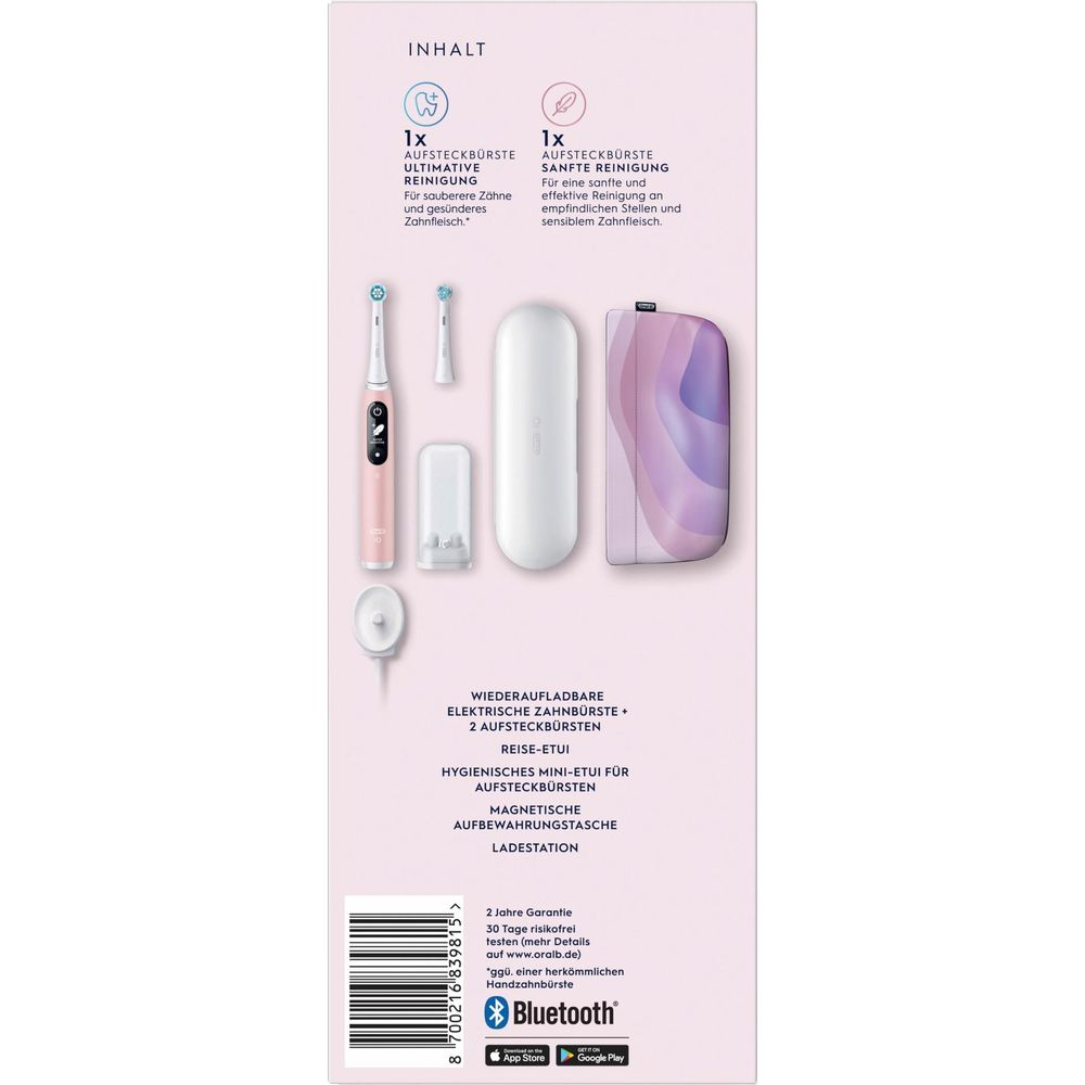Szczoteczka elektryczna z akcesoriami: 2 końcówki, etui podróżne, stacja ładująca.