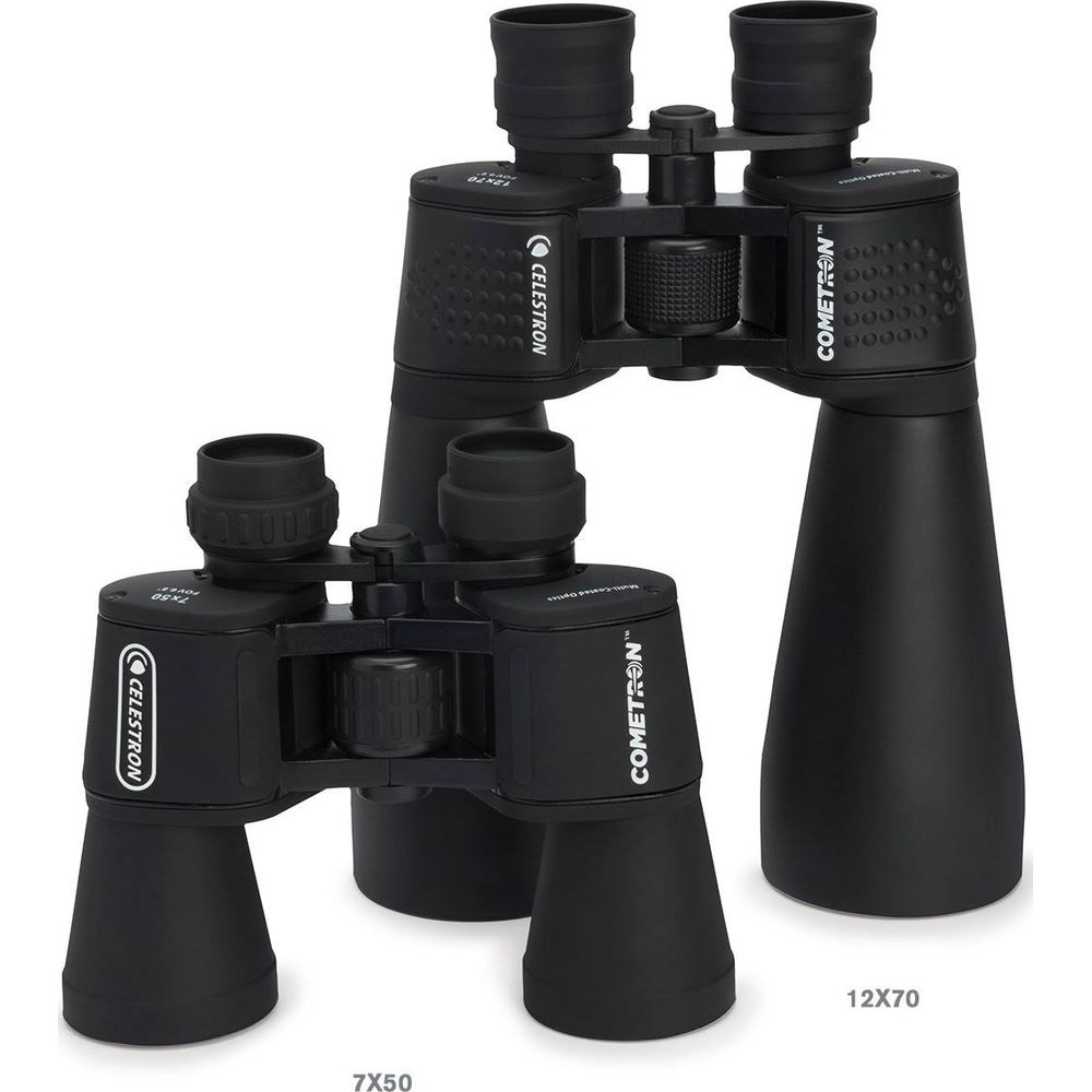 Due binocoli Celestron neri, 7x50 e 12x70, su sfondo bianco.