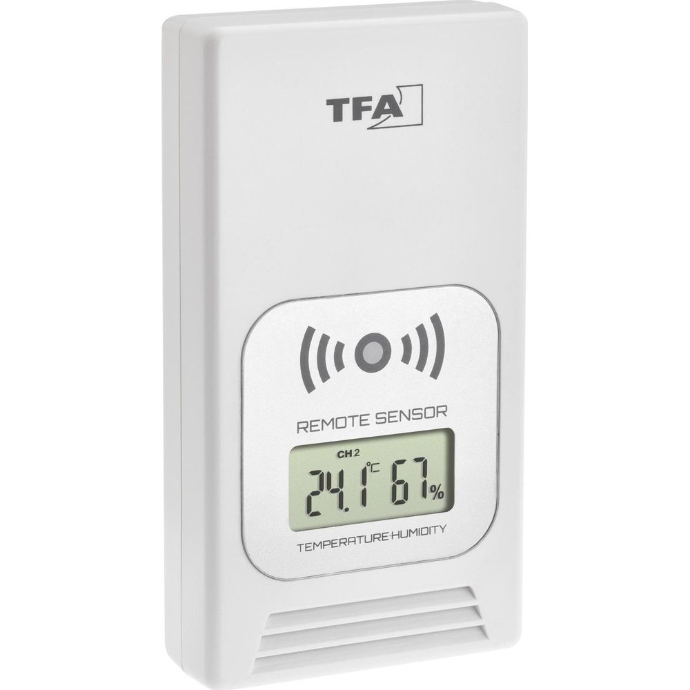 Ein weißer TFA Fernsensor zeigt 24,1°C und 67% Luftfeuchtigkeit an.