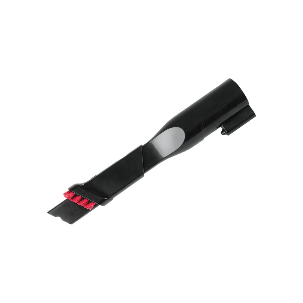 Accessorio aspirapolvere nero con setole rosse, angolato.