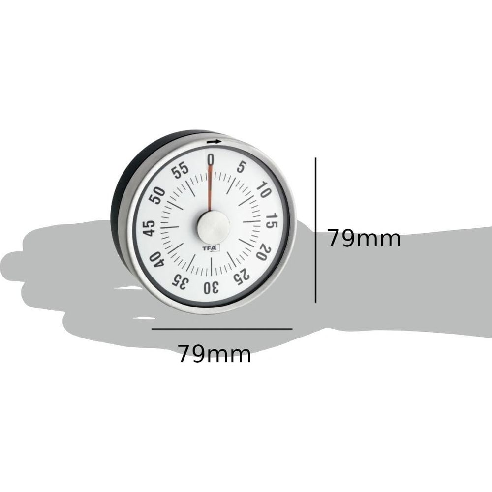 Okrągły timer z białymi cyframi i czerwoną wskazówką na czarnym tle.