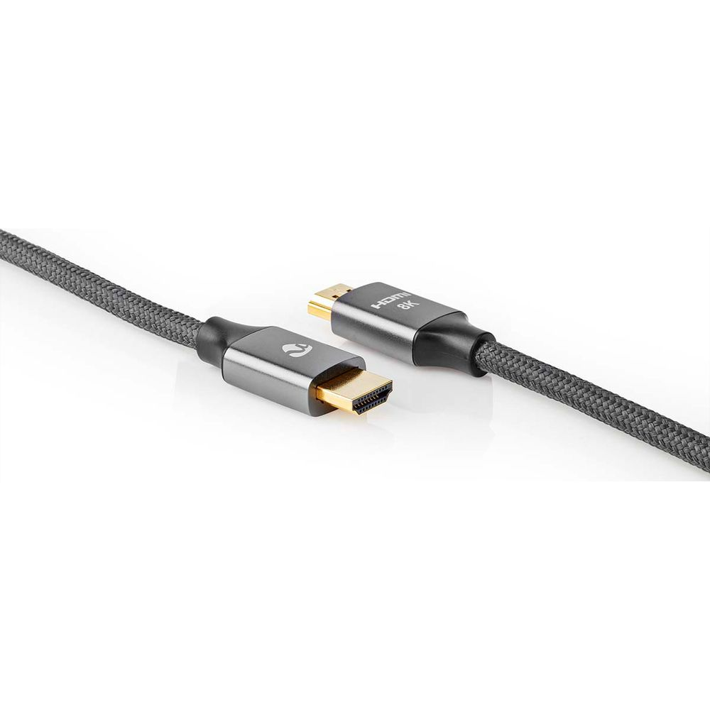 Graues HDMI-Kabel mit goldenen Anschlüssen, 8K-Beschriftung.