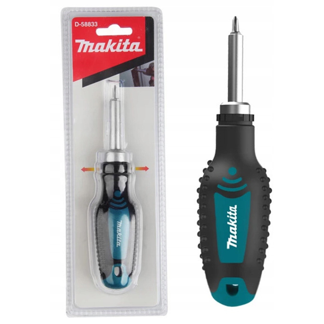 Wkrętak z czarno-niebieskim uchwytem, zapakowany i osobno.