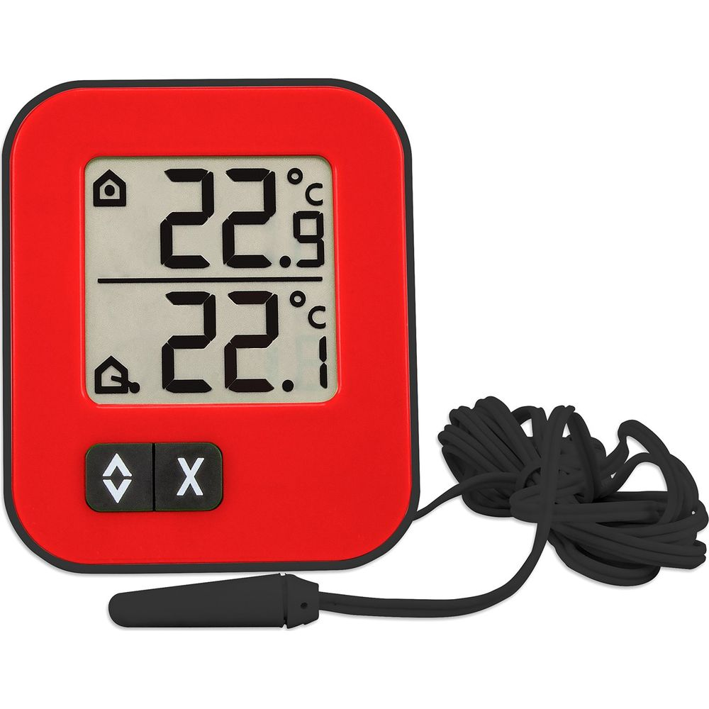 Ein rotes Digitalthermometer mit zwei Messwerten und einem externen Sensor.