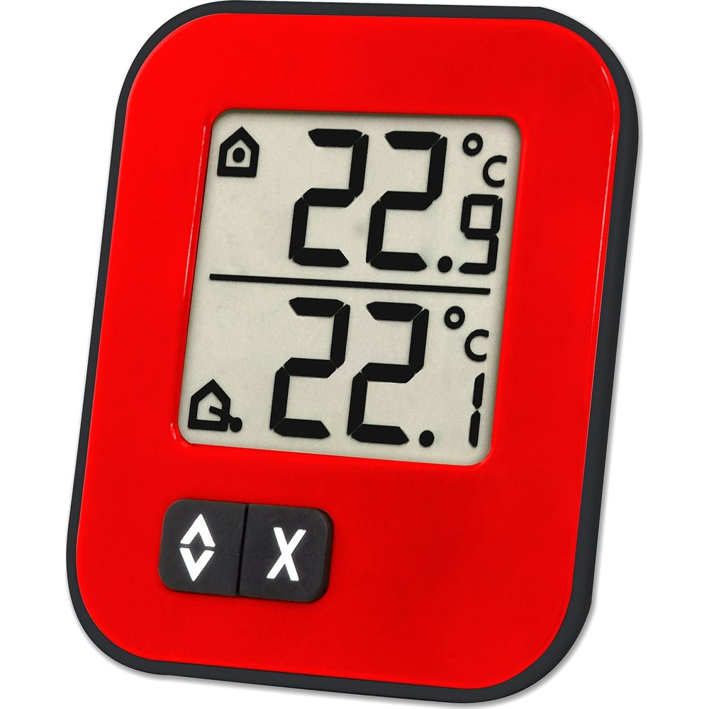 Ein rotes Digitalthermometer zeigt 22,9 und 22,1 Grad Celsius an.