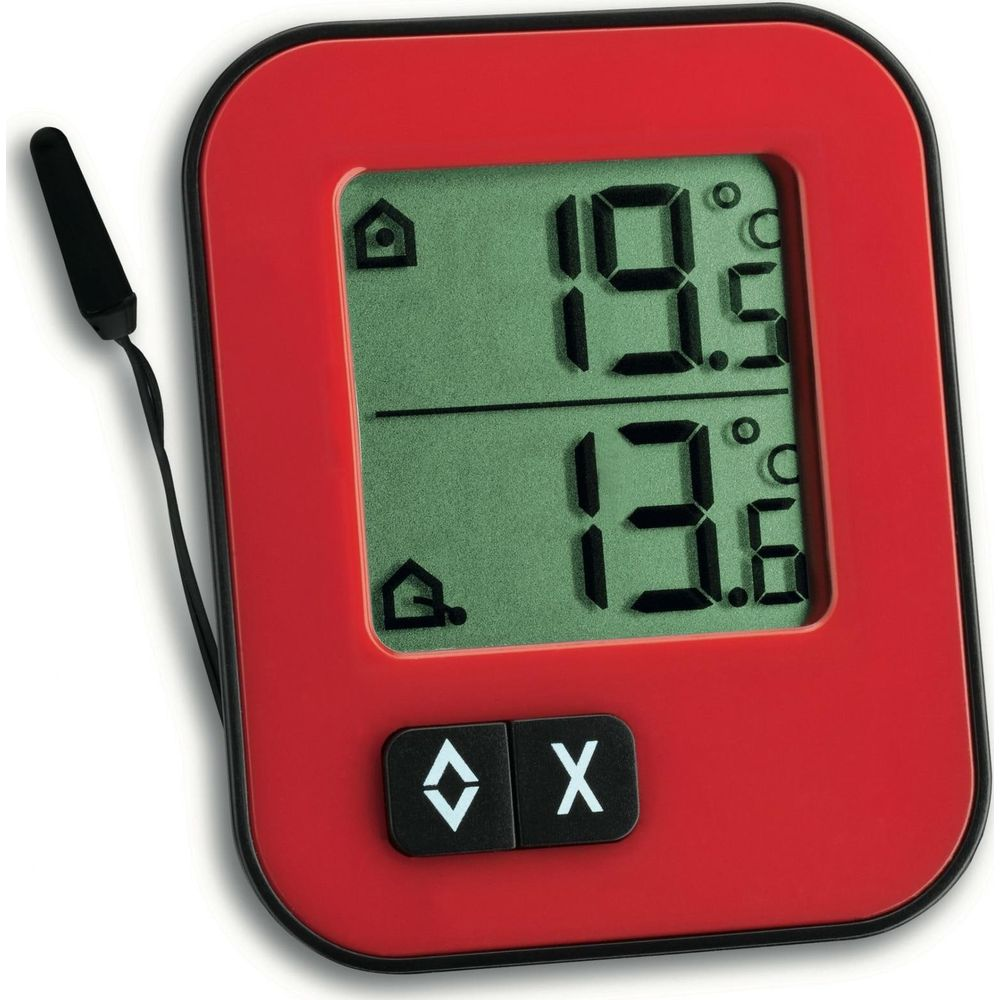 Ein rotes Digitalthermometer zeigt 19.5 und 13.6 Grad an.