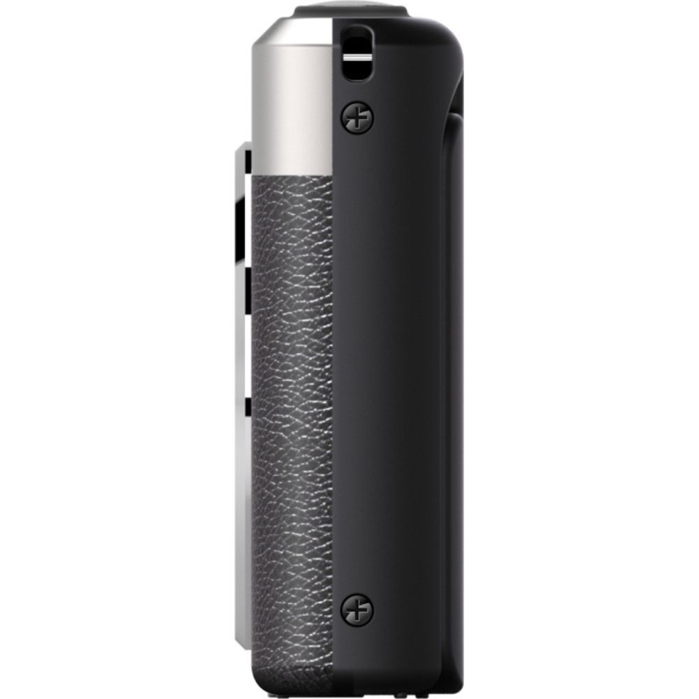 Widok z boku czarnego i srebrnego aparatu z teksturą skóry.