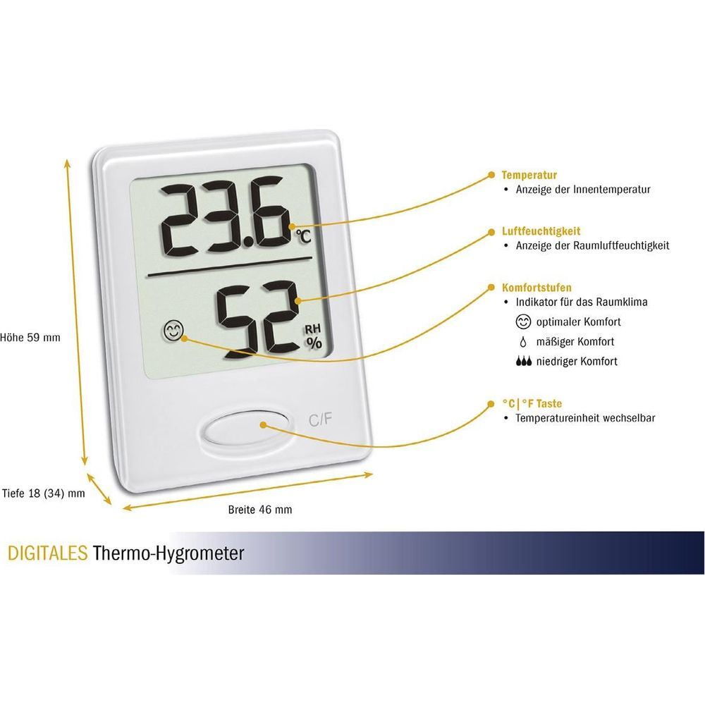 Digitales Thermo-Hygrometer zeigt 23.6°C und 52% Luftfeuchtigkeit an.