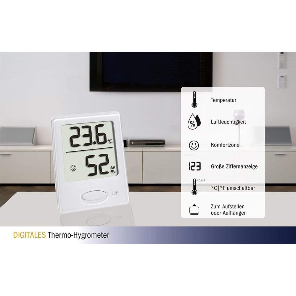 Digitales Thermo-Hygrometer zeigt 23.6°C und 52% Luftfeuchtigkeit an.