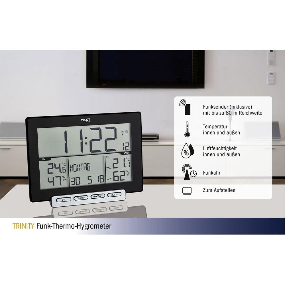 Digitales Funk-Thermo-Hygrometer zeigt Zeit, Innentemperatur, Außentemperatur und Luftfeuchtigkeit.