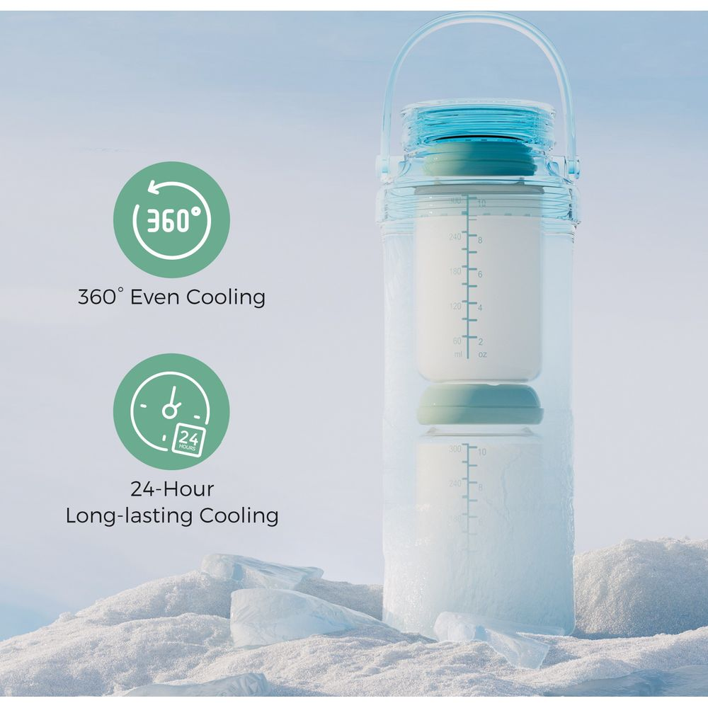 Un recipiente transparente con marcas, lleno de líquido blanco, descansa sobre hielo.