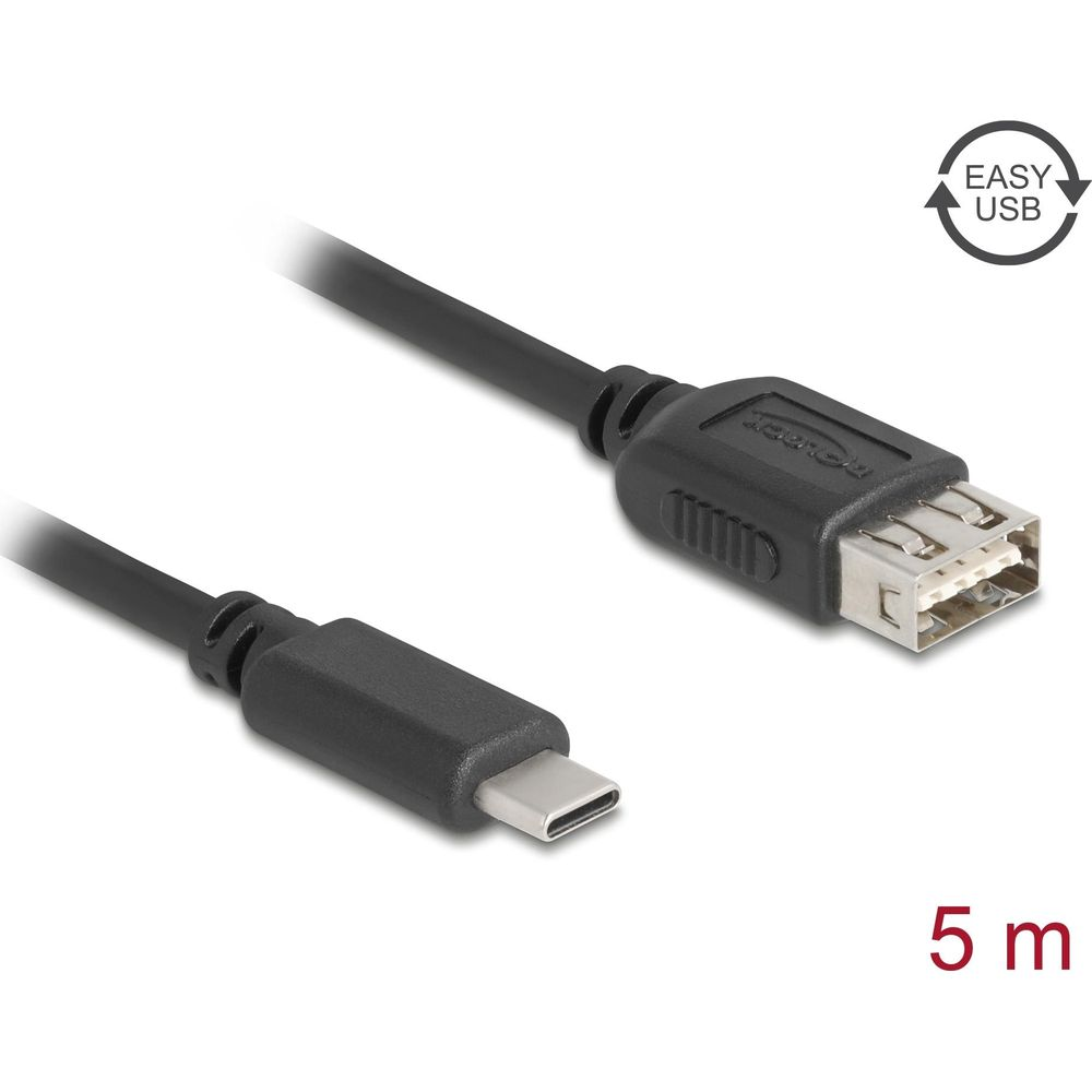 Un cavo USB-C a USB-A nero da 5 m.