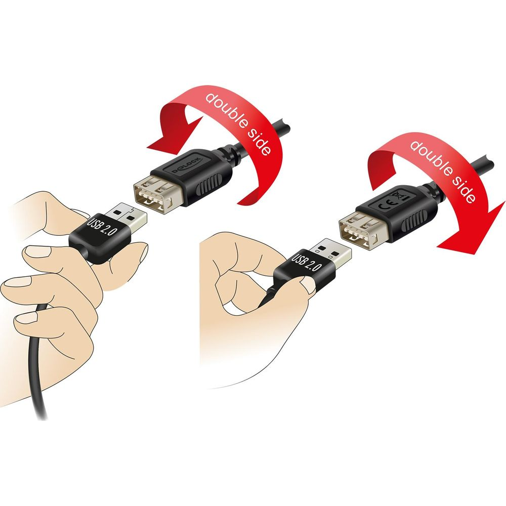 Due mani collegano cavi USB. Frecce rosse indicano 'doppio lato'.