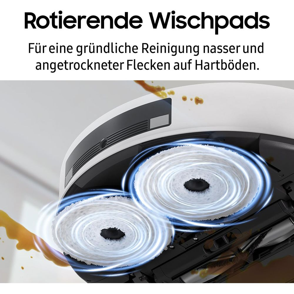 Reinigungsroboter mit rotierenden Wischpads zur Fleckenentfernung.