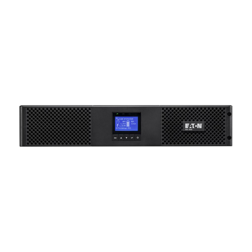 SAI Eaton con pantalla LCD que muestra 44% de carga, 1,3kW y 91% eficiencia.