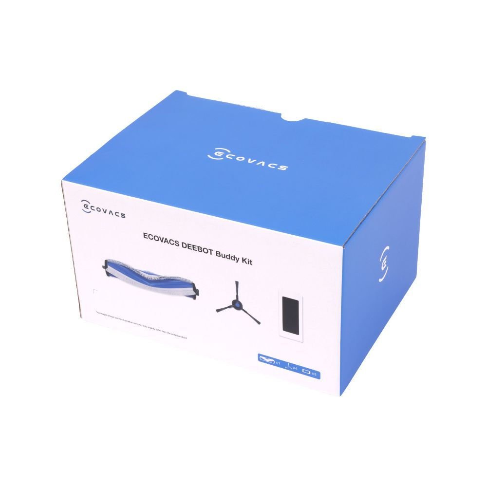 Scatola blu con logo Ecovacs e immagini di parti di robot aspirapolvere.