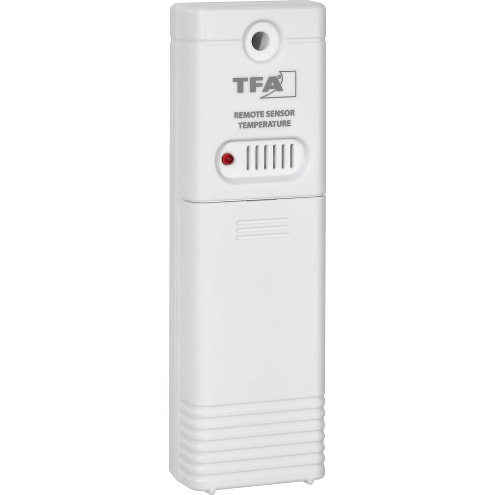 Ein weies TFA Thermometer-Auenfühler mit Lüftungsschlitzen und roter LED.