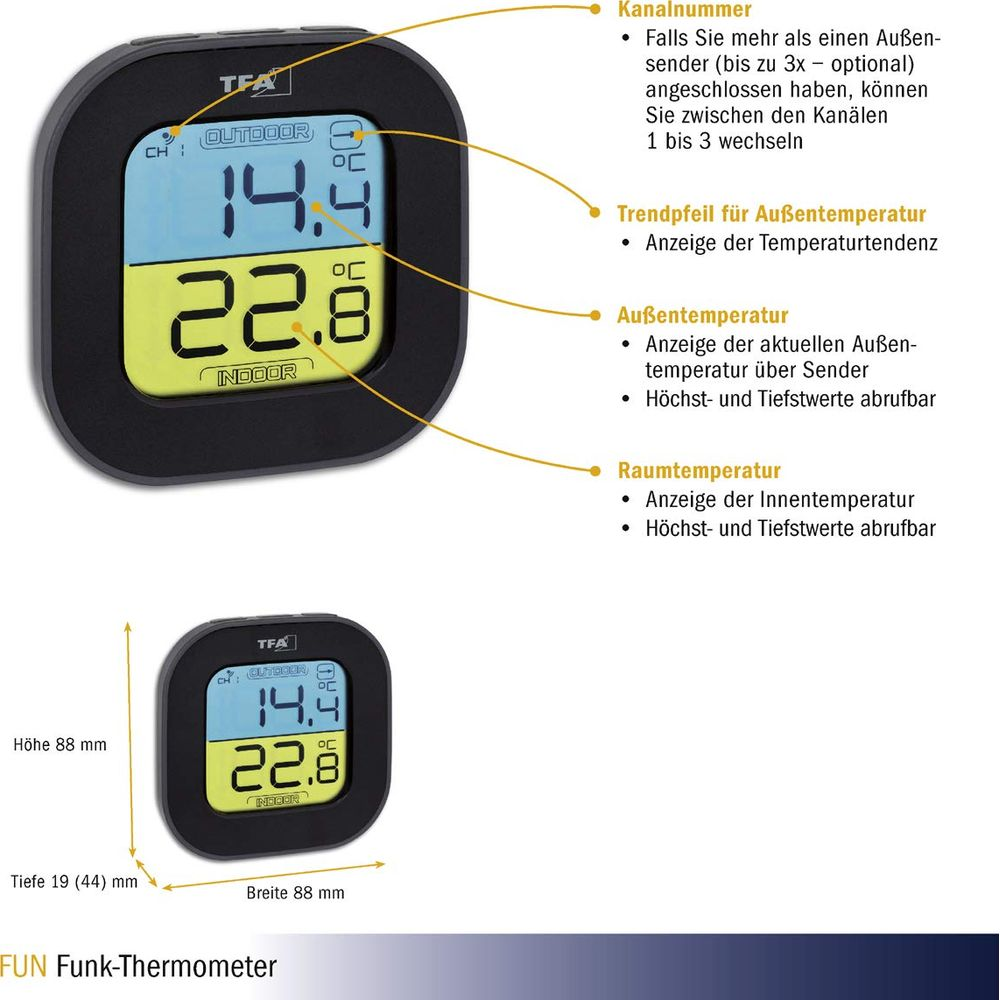 Digitales Thermometer zeigt 14,4°C außen und 22,8°C innen an.