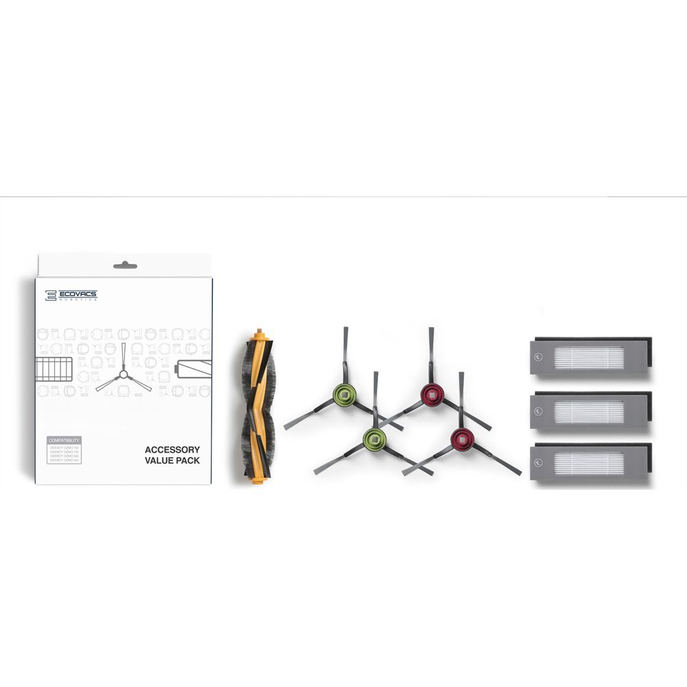 Un pack d'accessoires EcoVacs avec brosses et filtres.