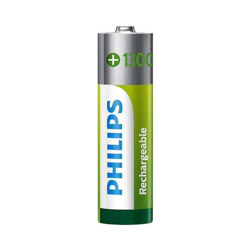 Batteria AA argentata con accenti verdi e bianchi, etichettata Philips.