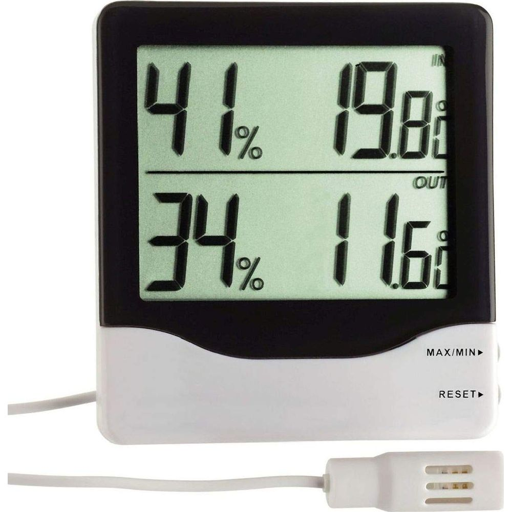 Ein digitales Thermometer zeigt 41 % Luftfeuchtigkeit innen und 19,8°C, 34 % außen und 11,6°C.