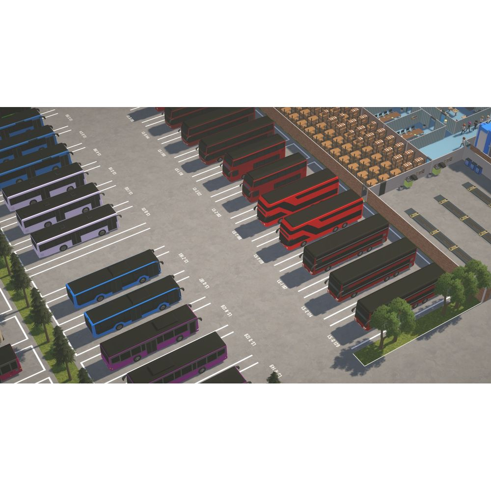 Ein Parkplatz mit Reihen von roten, blauen und violetten Bussen.