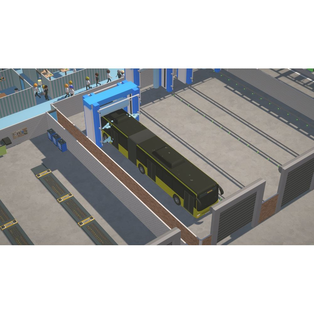 Ein schwarzer und gelber Gelenkbus wird in einer Waschstraße gereinigt.