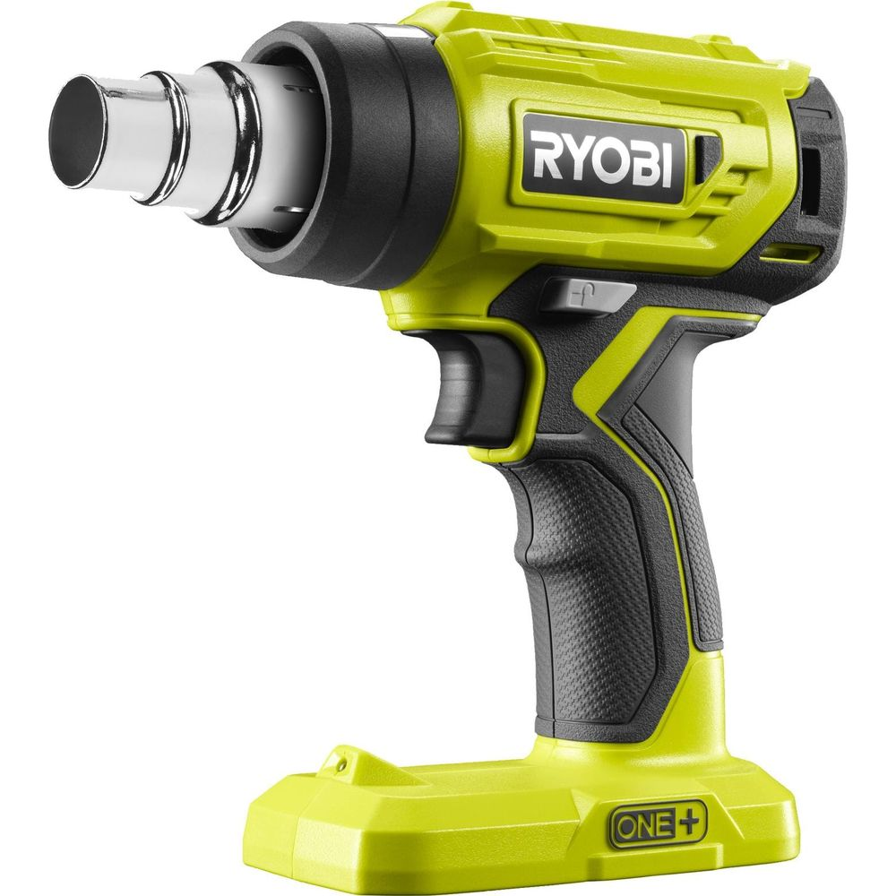 Un décapeur thermique sans fil Ryobi vert et noir avec buse métal.