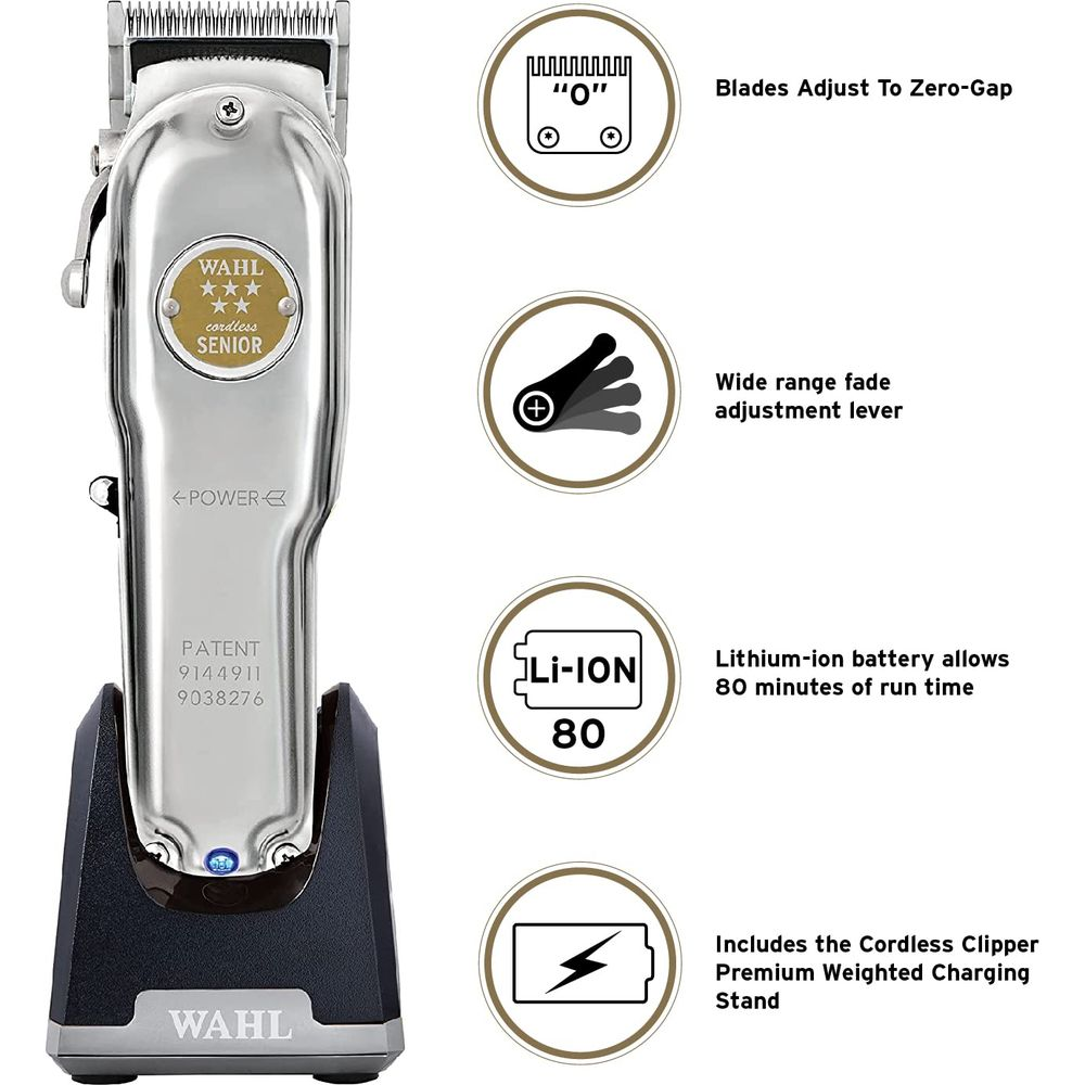 Tagliacapelli Wahl Cordless Senior con base di ricarica, lame a zero gap.
