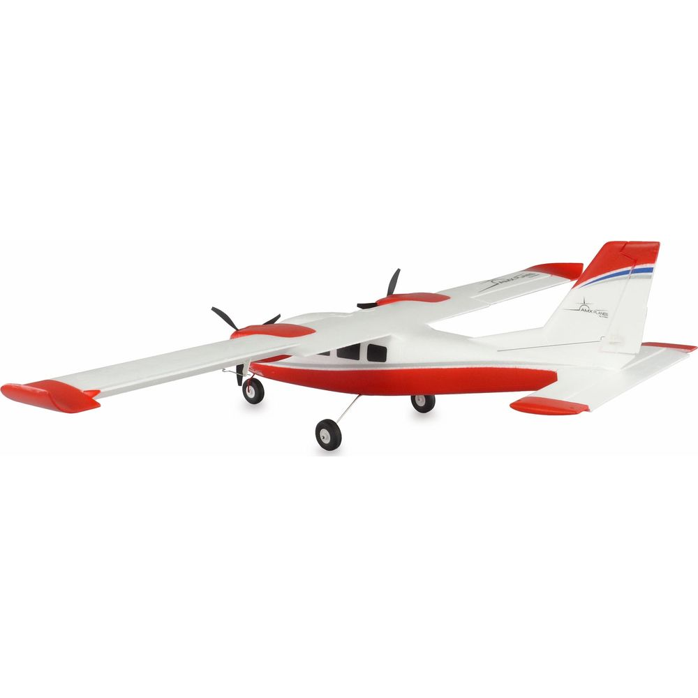 Un avion modèle blanc et rouge avec deux hélices et un train d'atterrissage.