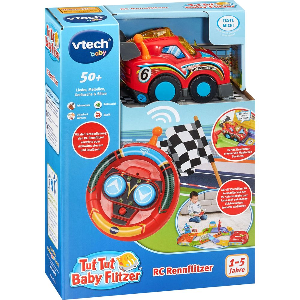 VTech Tut Tut Baby Flitzer RC Rennauto-Set mit Fernbedienung und Rennstrecke.