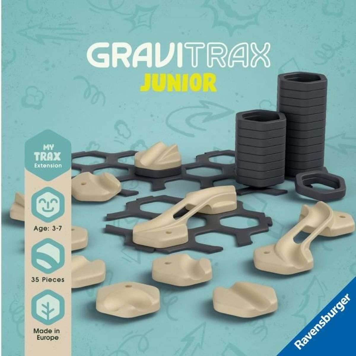 Gravitrax Junior Baukasten mit hellbeigen und grauen Teilen auf blauem Hintergrund.