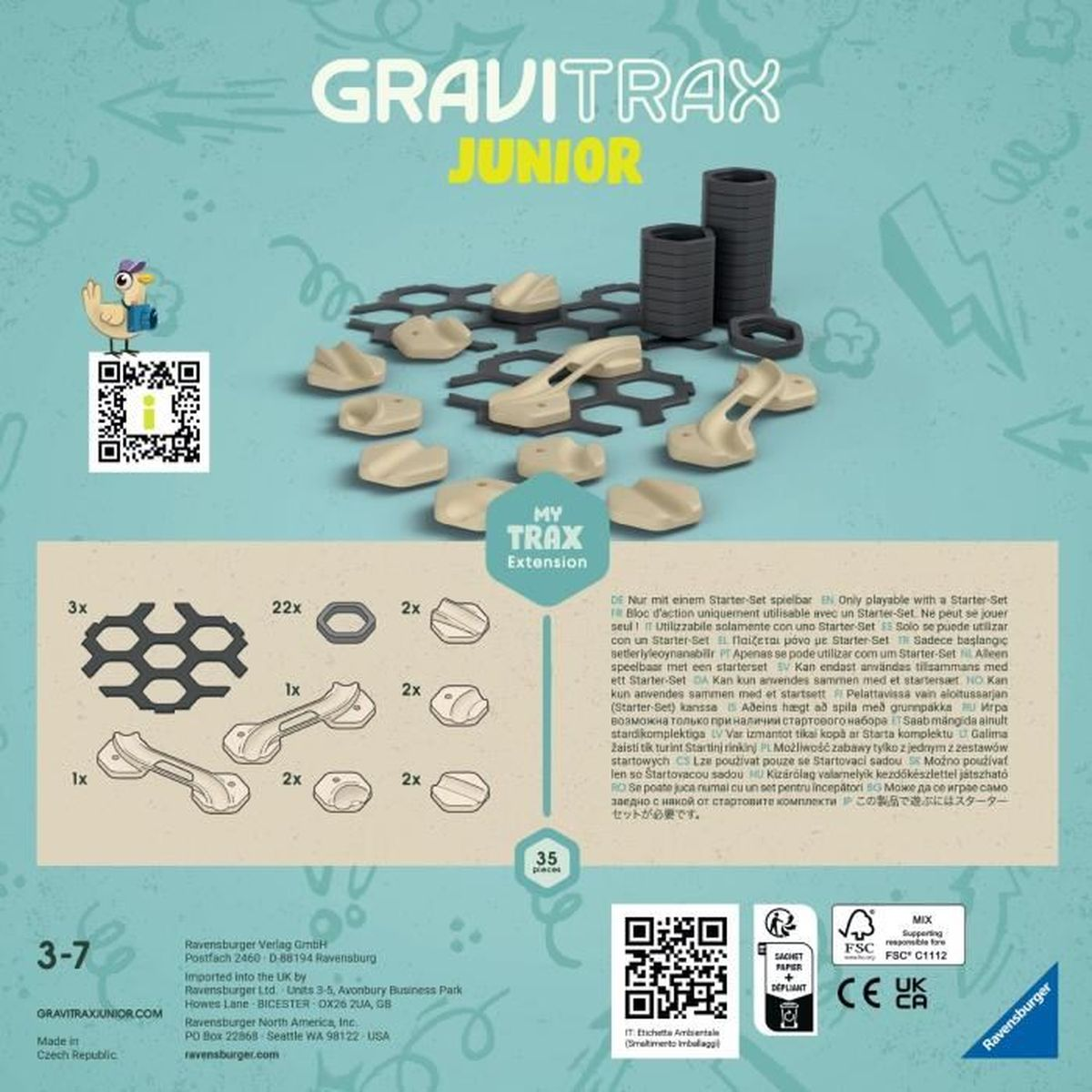 Gravitrax Junior Set mit Bahnteilen und Zubehör, inklusive Aufbauanleitung.