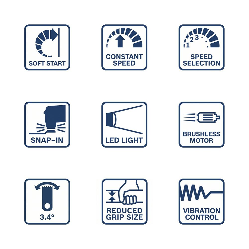 Nove icone blu: Avviamento morbido, velocità costante, selezione velocità, snap-in, luce LED, motore brushless, 3,4 gradi, impugnatura ridotta, controllo vibrazioni.