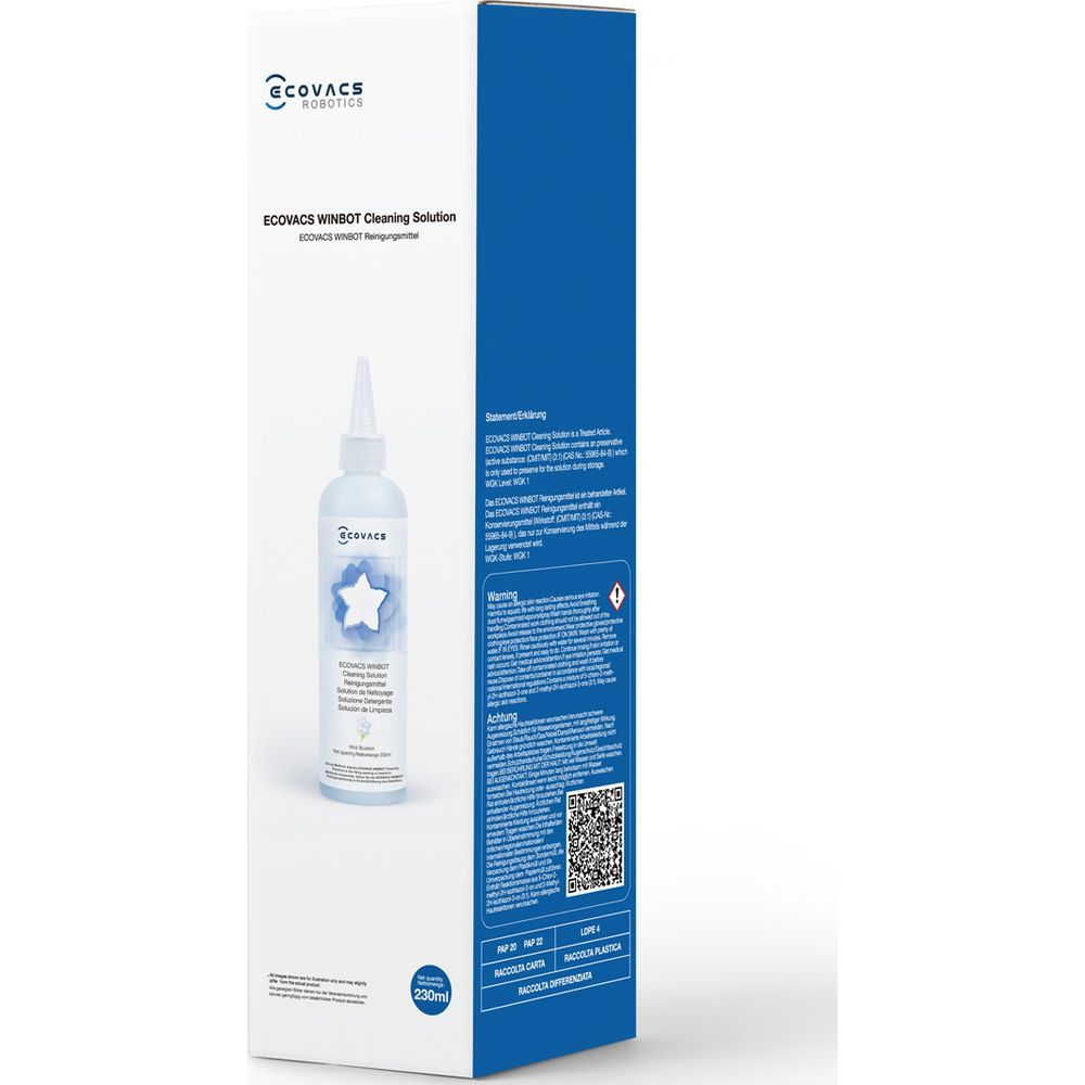 Butelka płynu czyszczącego ECOVACS WINBOT z etykietą na kartonowym pudełku.