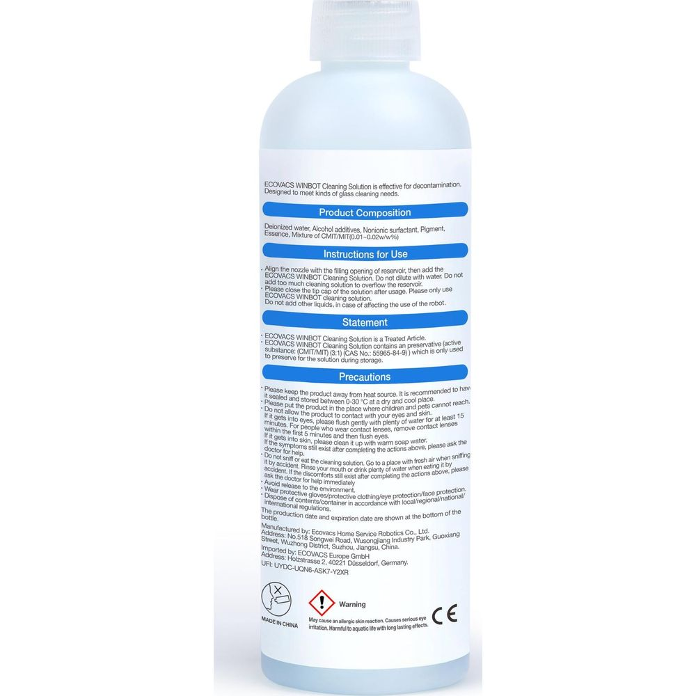Biała butelka roztworu czyszczącego do robota z etykietami ostrzegawczymi i znakiem CE.