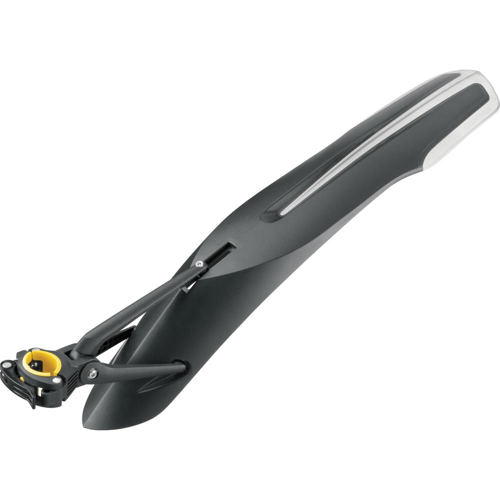 Czarny błotnik rowerowy z srebrnymi akcentami i żółtym mocowaniem.