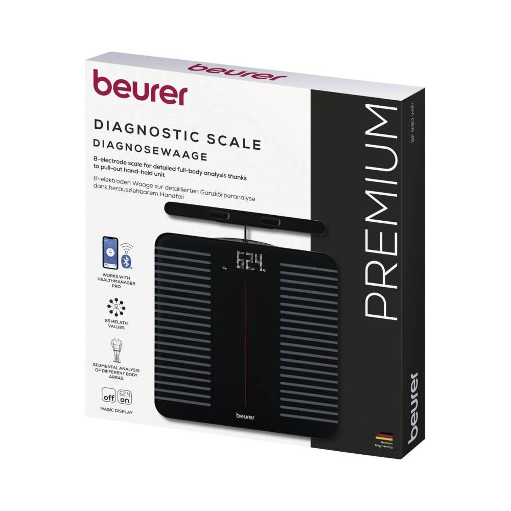 Beurer Diagnosewaage mit Display, das 62.4 anzeigt.