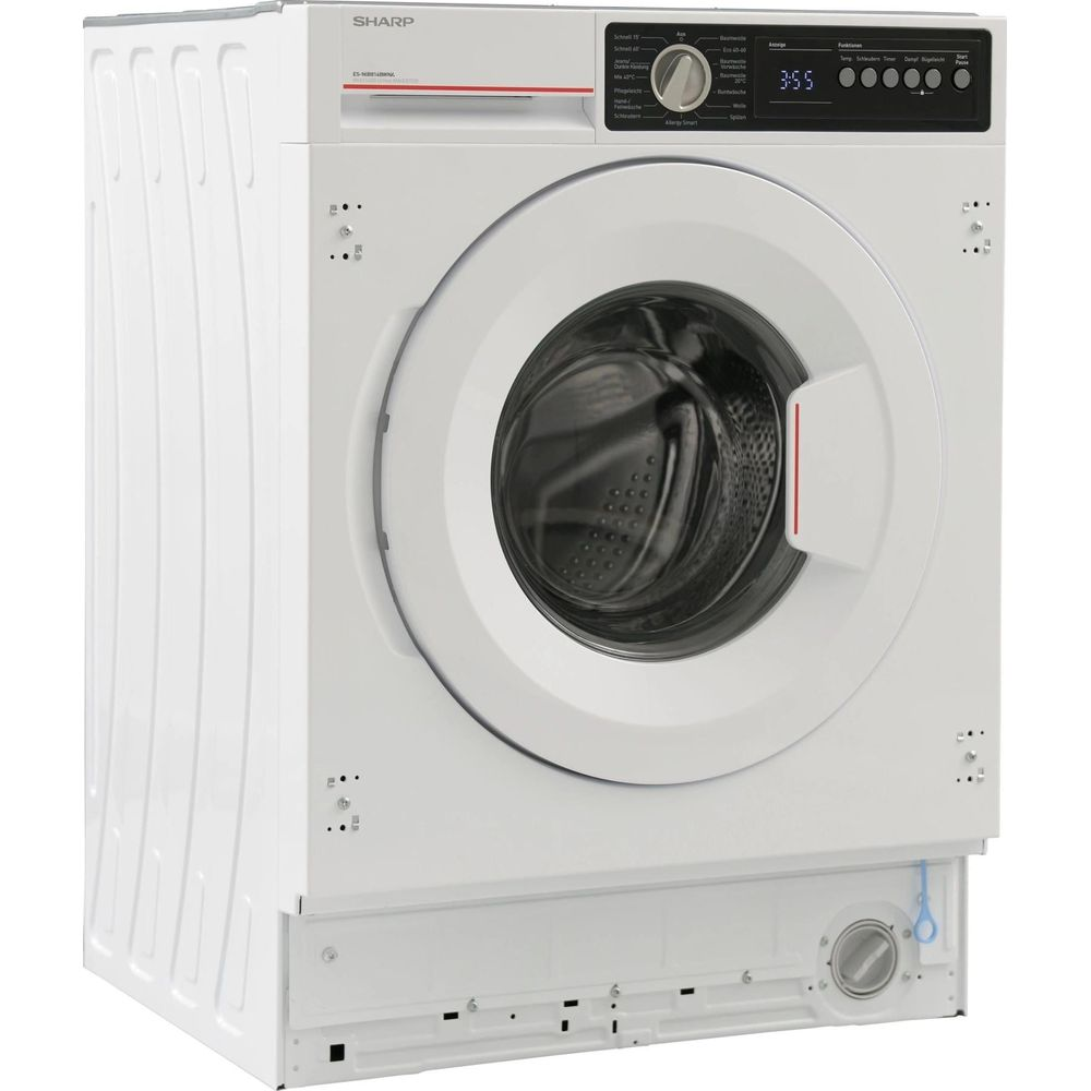 Une machine à laver Sharp blanche avec une porte ronde et un écran numérique.