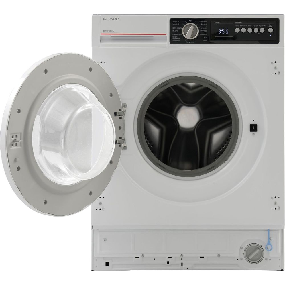 Une machine à laver blanche, porte ouverte, révélant le tambour.