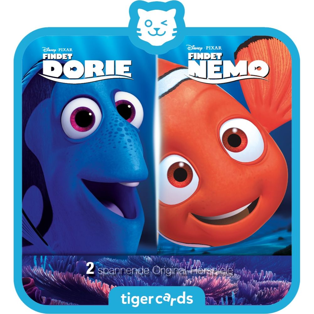 Dorie und Nemo von Disney Pixar auf einer Karte, mit Unterwasserwelt im Hintergrund.