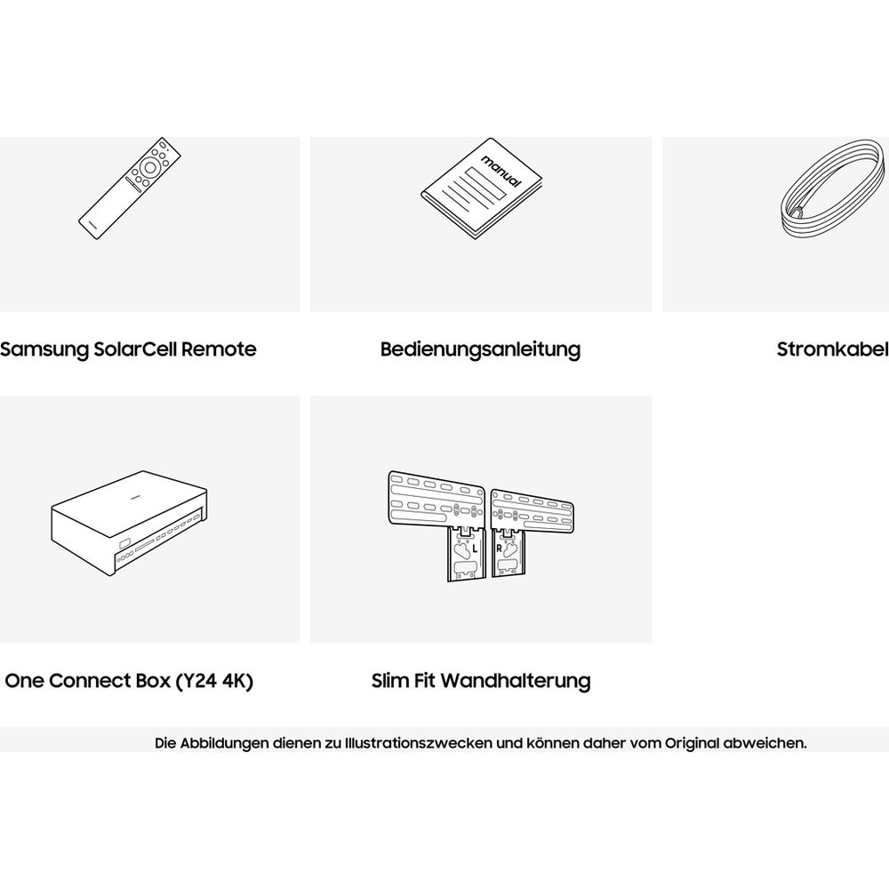 Pilot Samsung SolarCell, instrukcja, kabel zasilający, One Connect Box, uchwyt ścienny.