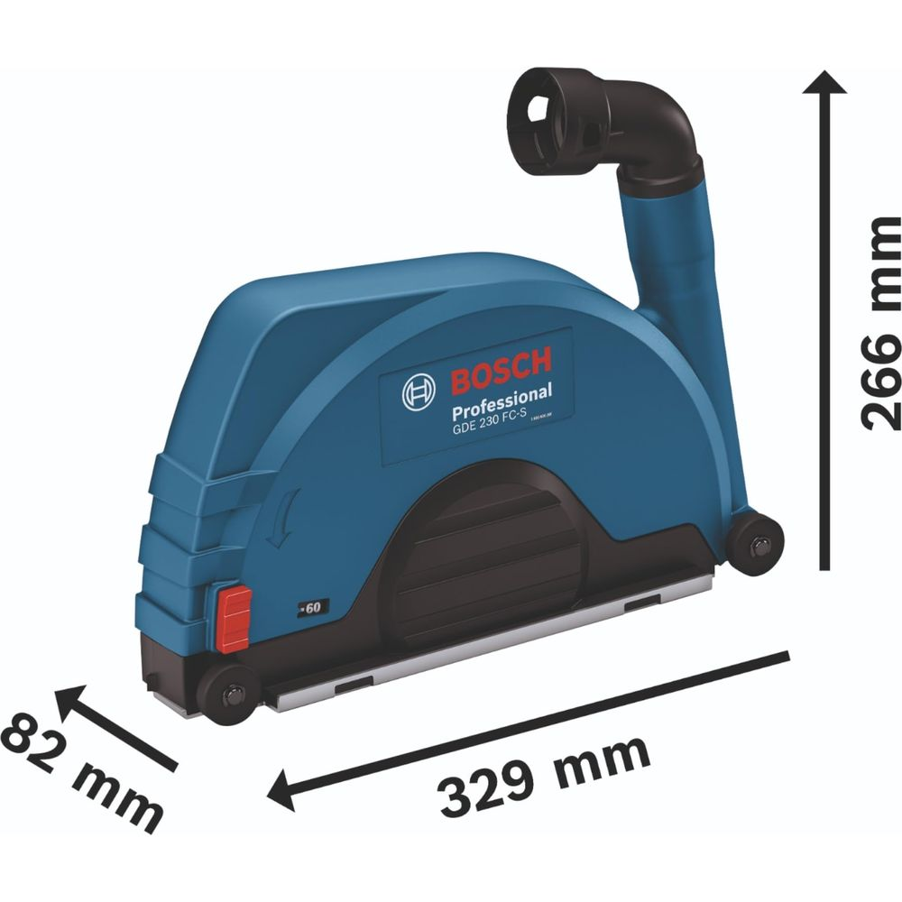Una cuffia antipolvere Bosch blu con ruote nere e un'uscita curva.