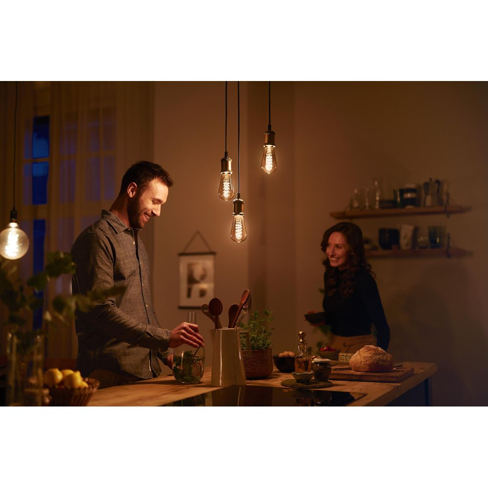 A man and a woman stand in a kitchen. Several light bulbs hang from the ceiling.
